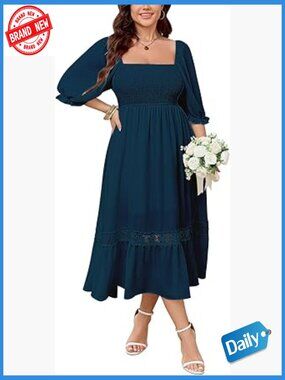 Plus Size Boho Maxi Dress Square Neck Smocked Lace Trim Wedding Guest